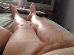 My uncut cock, wifes feet,hairy pussy,tits & chubby belly.