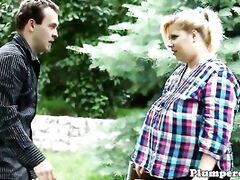 Curvy babe rides huge dick outdoors